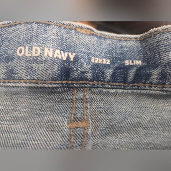 Old Navy Jeans Mens 32x32 Slim Fit Medium Wash Distressed Holes Patch Stretch - Picture 4 of 17